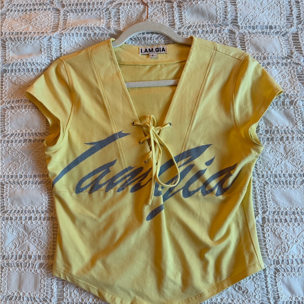 I.AM.GIA Yellow Lace-Up Short Sleeve Tee